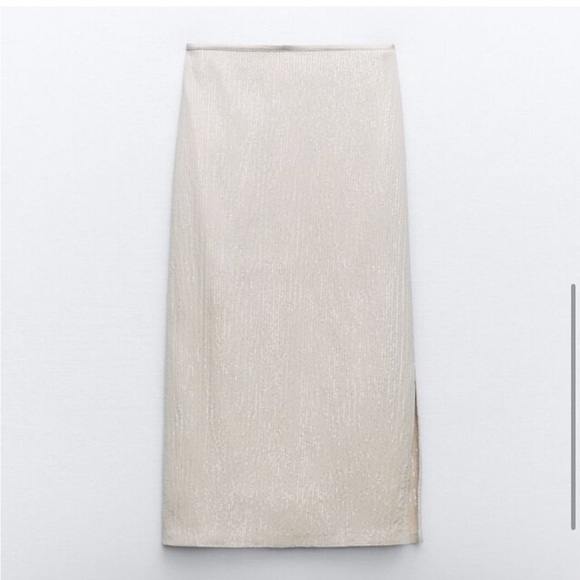 Zara Sequined crinkled slit hem cream midi skirt sz.S - Picture 16 of 16